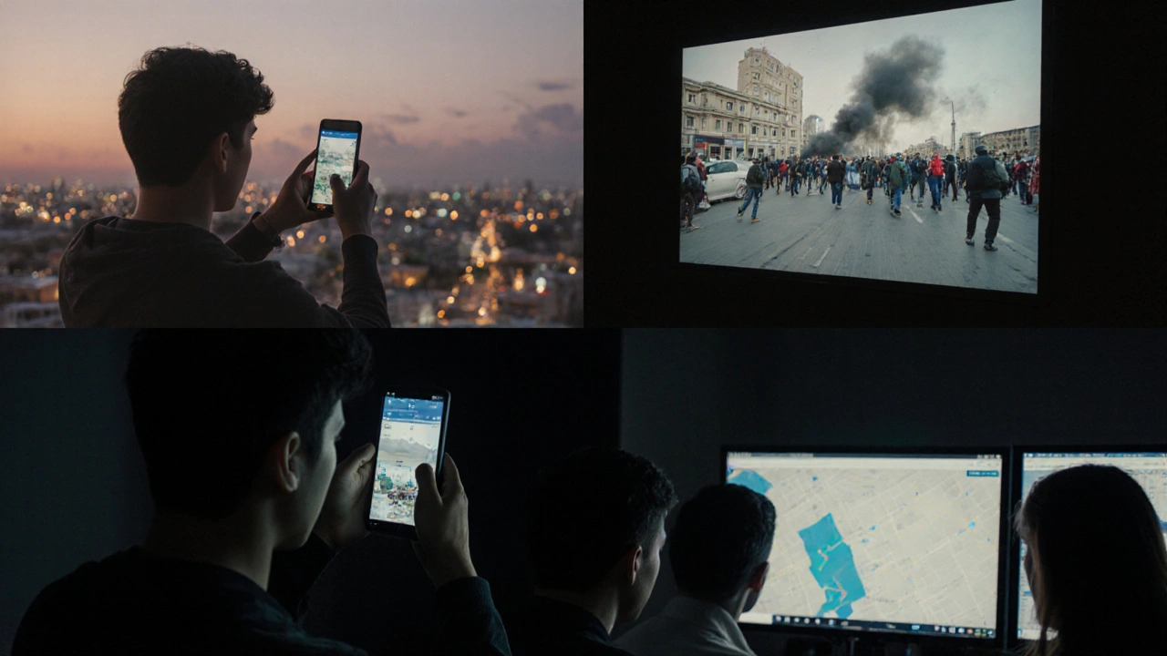A citizen films a protest in Beirut while journalists in Kyiv analyze the same footage on screens.