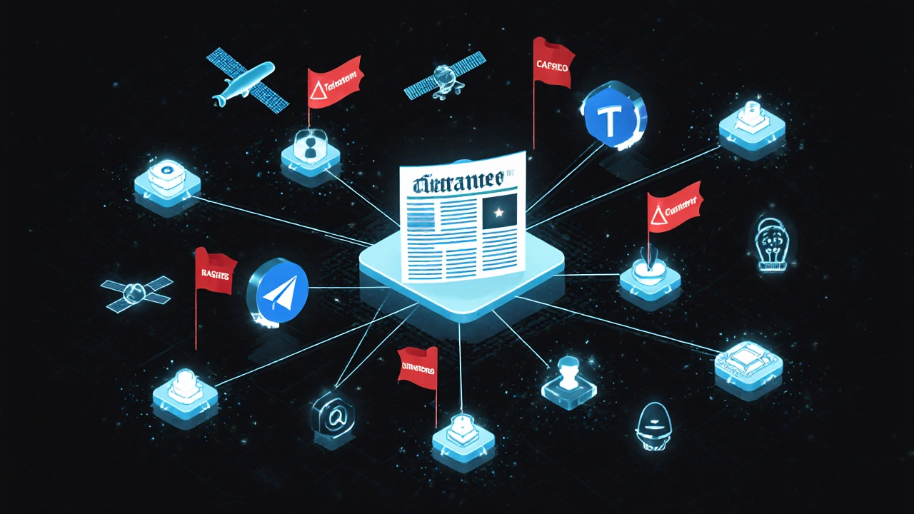 A digital network connects Telegram sources to a verification hub, with misinformation warnings at the edges.