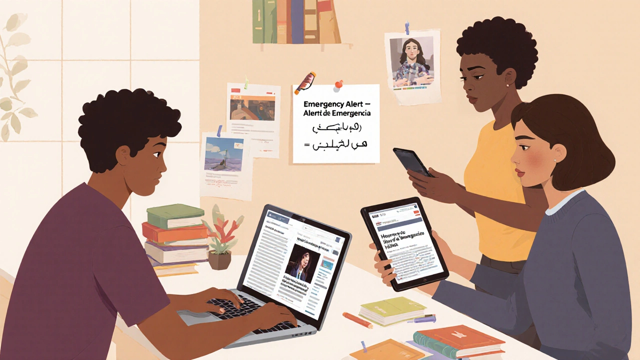 A diverse team reviewing translations and moderation tools at a digital workspace.