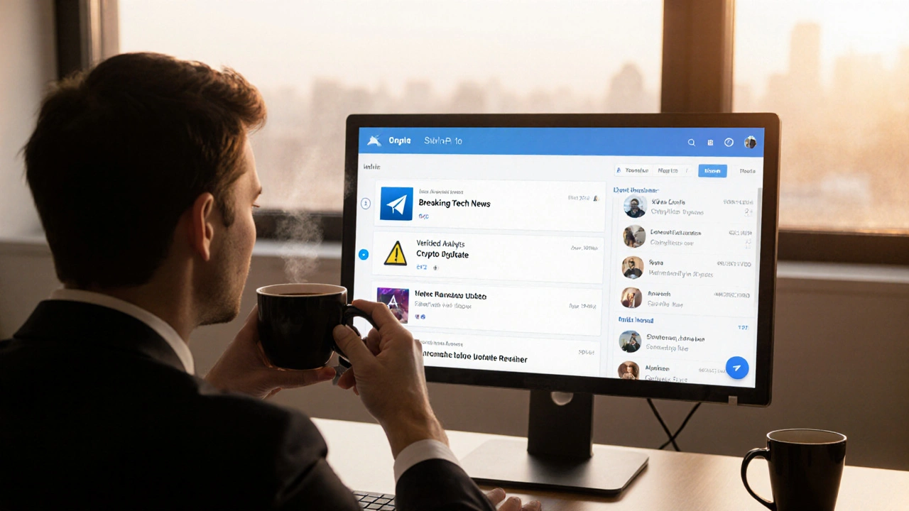 A person calmly viewing prioritized Telegram alerts on a minimalist dashboard at dawn.