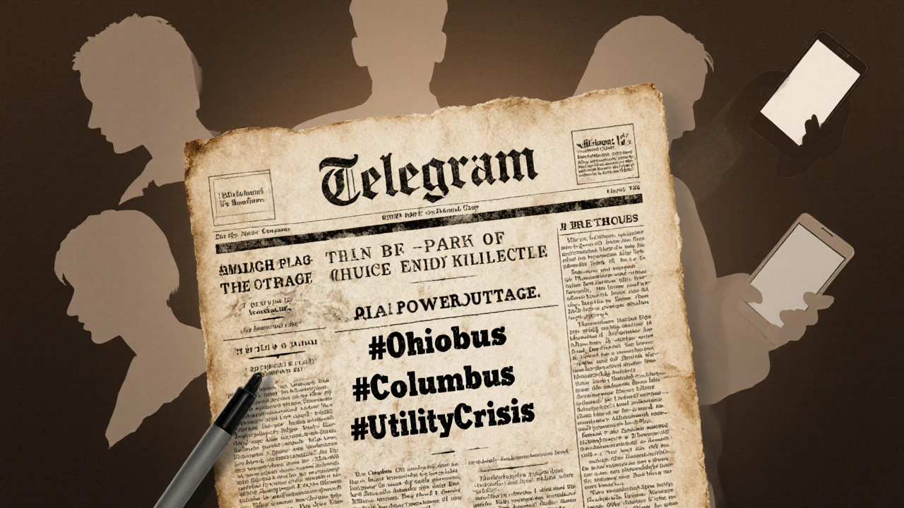 Aged paper with handwritten Telegram news post and three precise hashtags, surrounded by faint figures scrolling on phones.