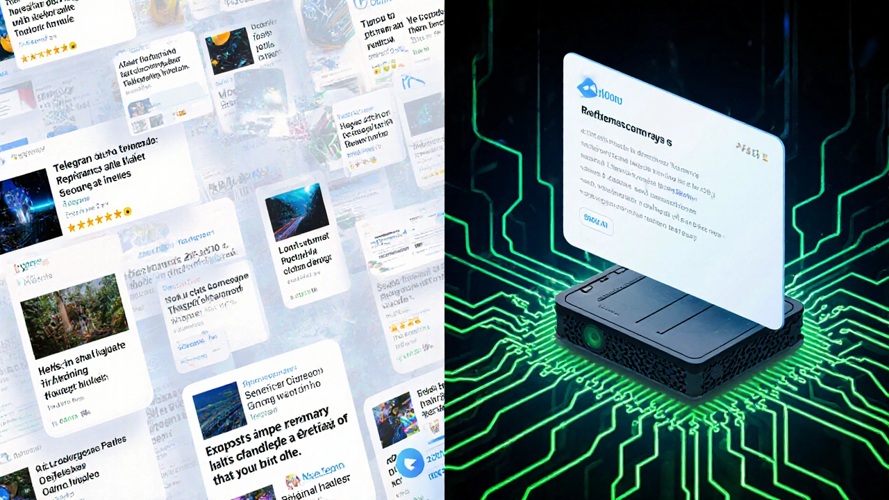 Cluttered news feed transforming into a clean AI summary card above a server rack.