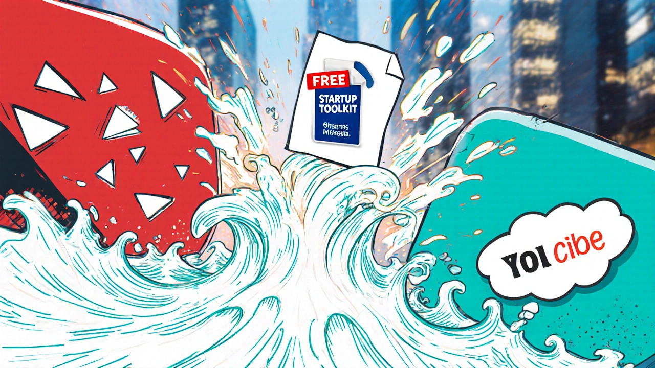 Comic-style explosion of subscribers flowing between two news channels with a free toolkit flying through the air.