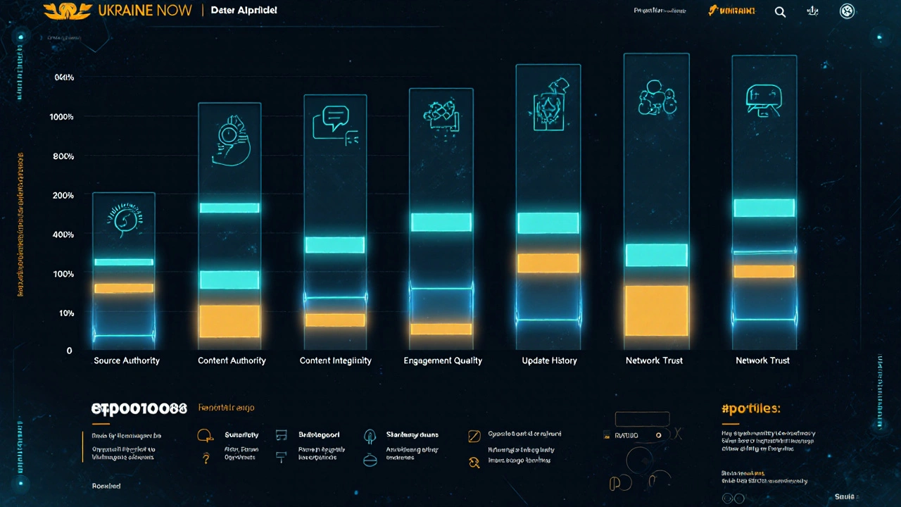 Five-layer digital dashboard showing quality scores for a trusted news channel with glowing bars and icons.