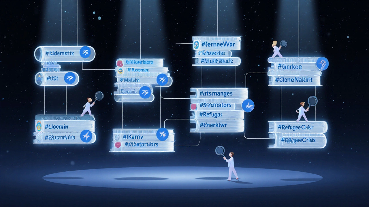 Floating bookshelves made of message bubbles labeled with specific news hashtags, glowing in a dark space.