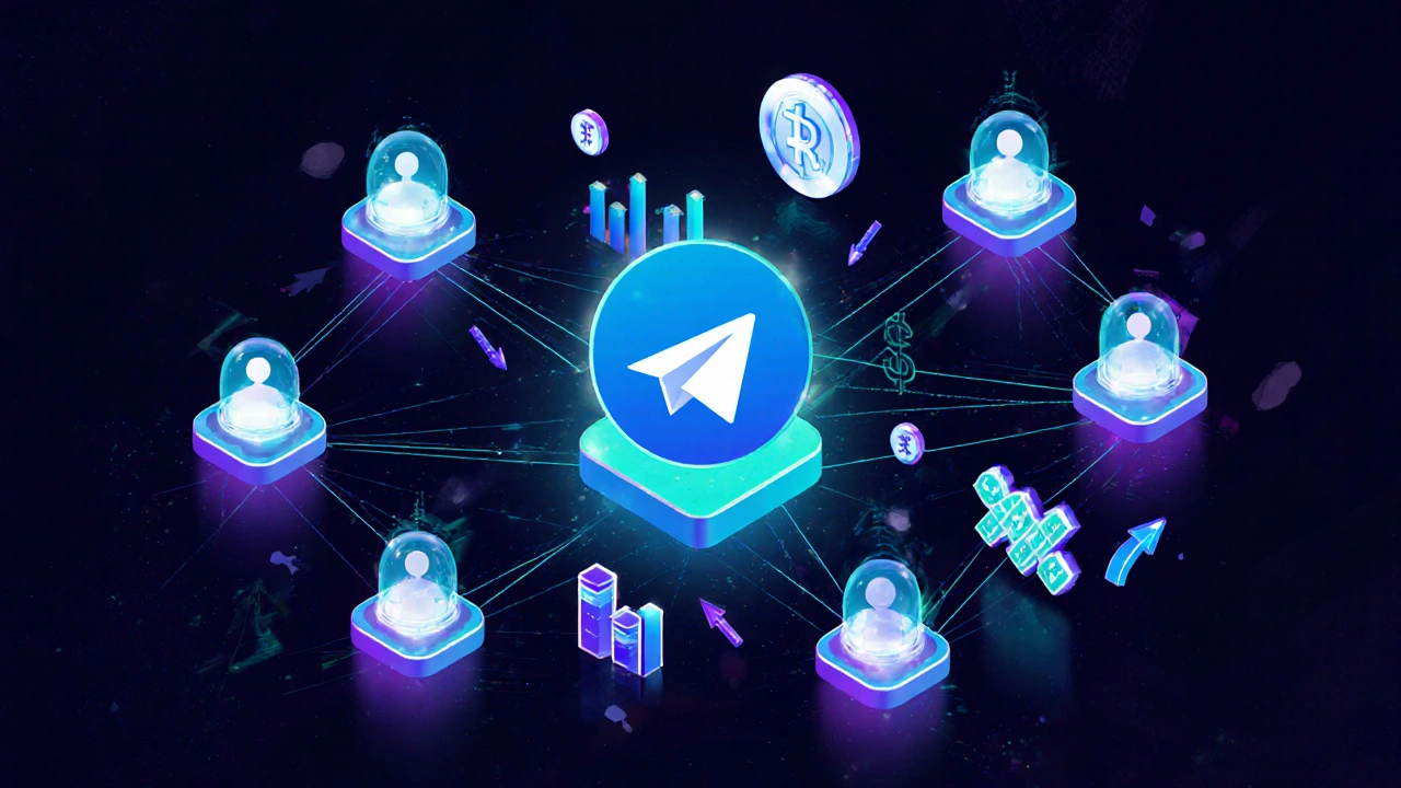 Glowing network of interconnected Telegram channels radiating revenue symbols in a dark neon-lit web.