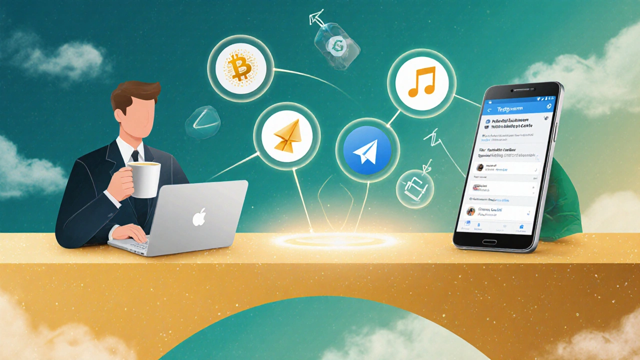 Golden bridge connecting a small business owner and crypto investor through Telegram engagement icons.