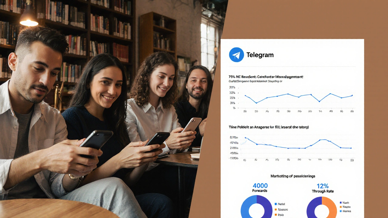 Group of people reading Telegram messages while data stats appear beside them in a pitch document.