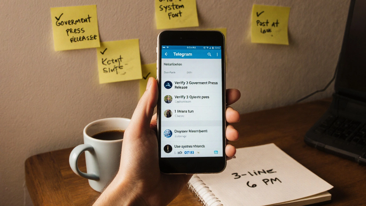 Hand holding a phone with clean Telegram messages and sticky notes on wall reading &#039;Verify 3 sources&#039; and &#039;3-line rule&#039;.