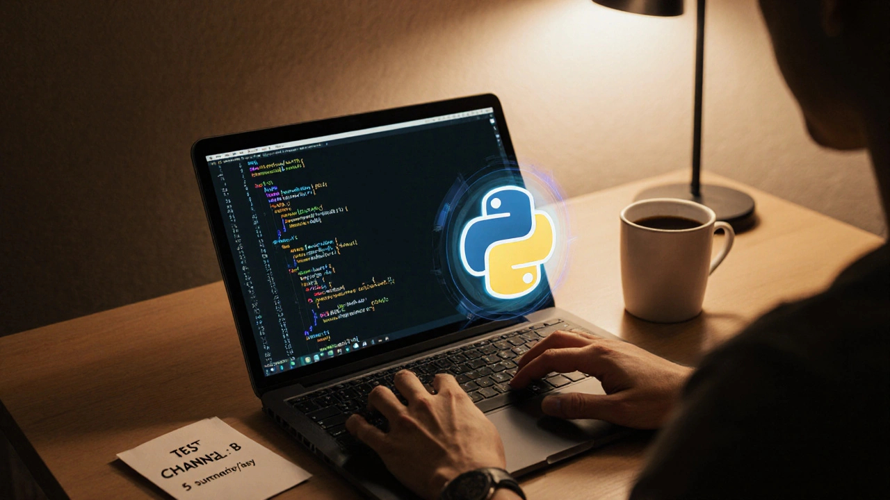 Hand typing Python code for a Telegram bot with a holographic AI model nearby.