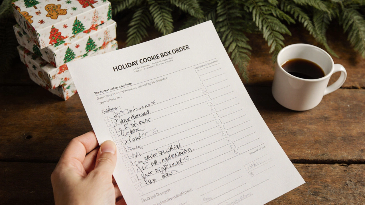 Handwritten cookie order form on a wooden table next to holiday cookie boxes in Asheville.