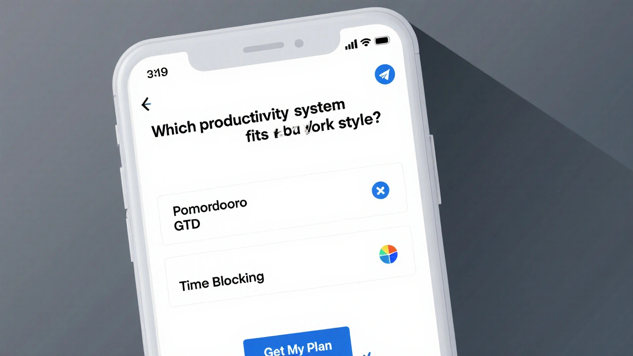 Interactive Telegram bot quiz asking users to choose a productivity system with simple options.