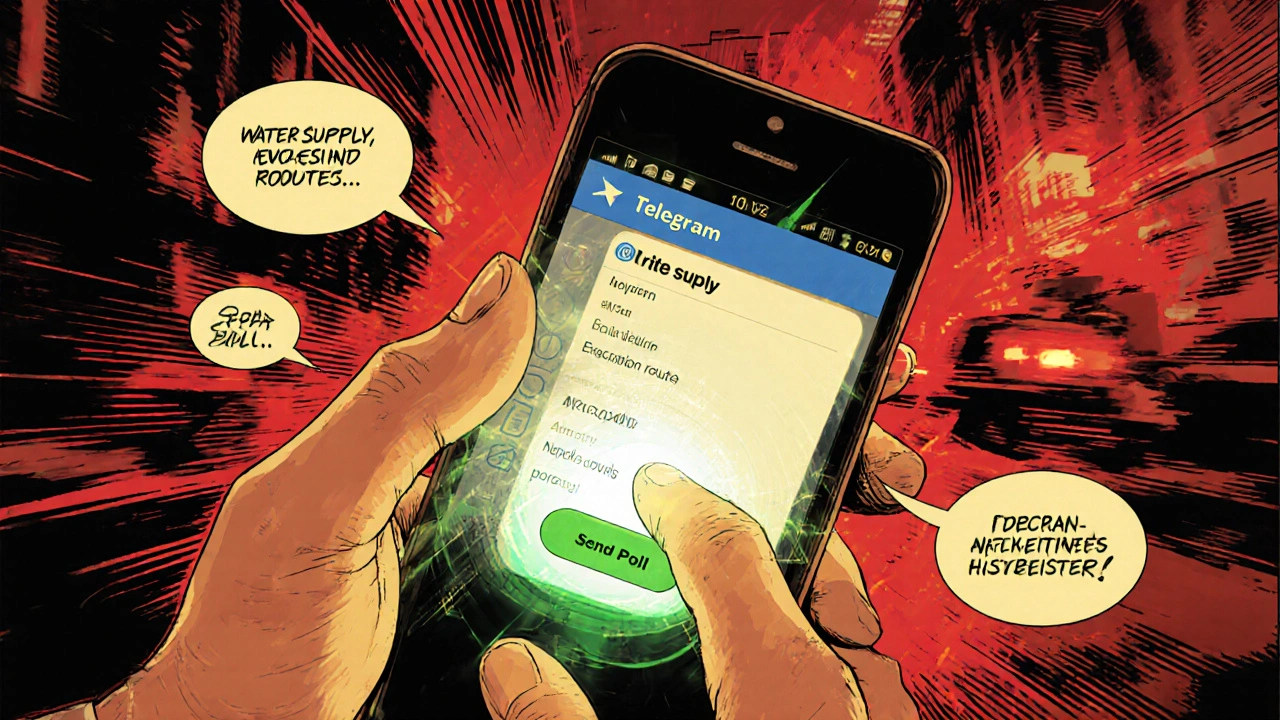 Journalist sending a Telegram poll via @vote bot with community concern options floating nearby.