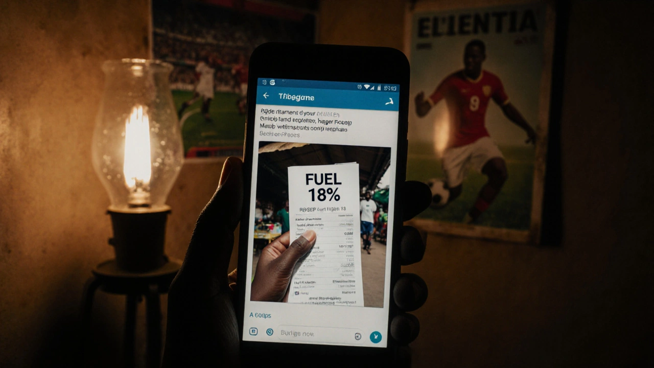 Low-cost Android phone displaying a Telegram post with a text-overlay image of fuel price increase in a dimly lit home.