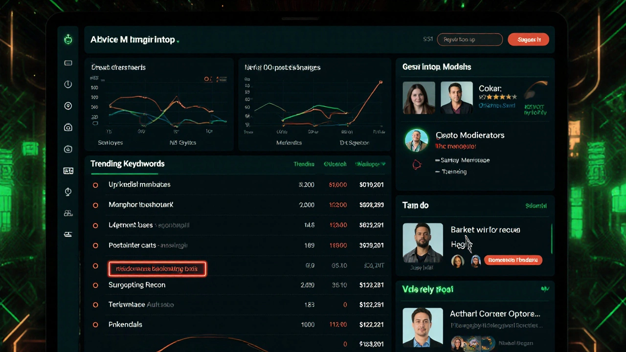 Moderator dashboard showing reported messages and trending spam keywords.