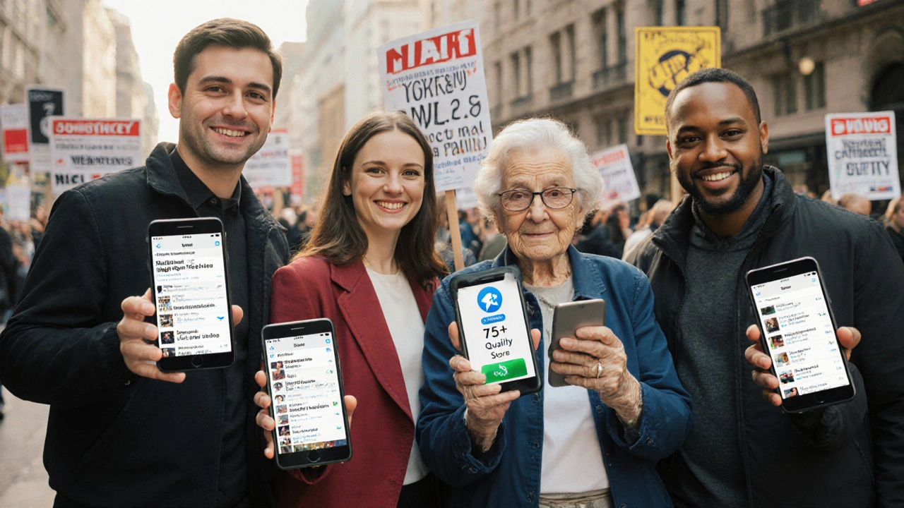 People from different backgrounds viewing a high-quality Telegram news score on their phones in city settings.