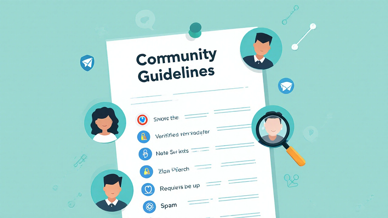 Pinned Telegram rules with icon-based labels, surrounded by users engaging respectfully with facts.