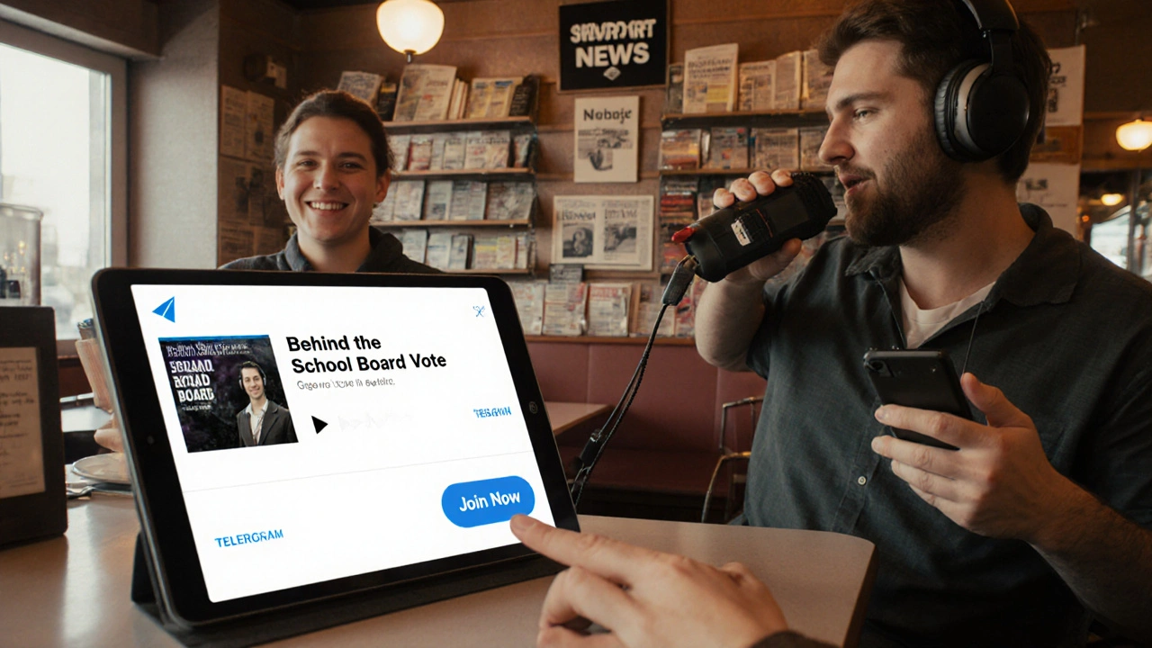 Reporter recording in diner as reader sees exclusive audio clip on tablet.