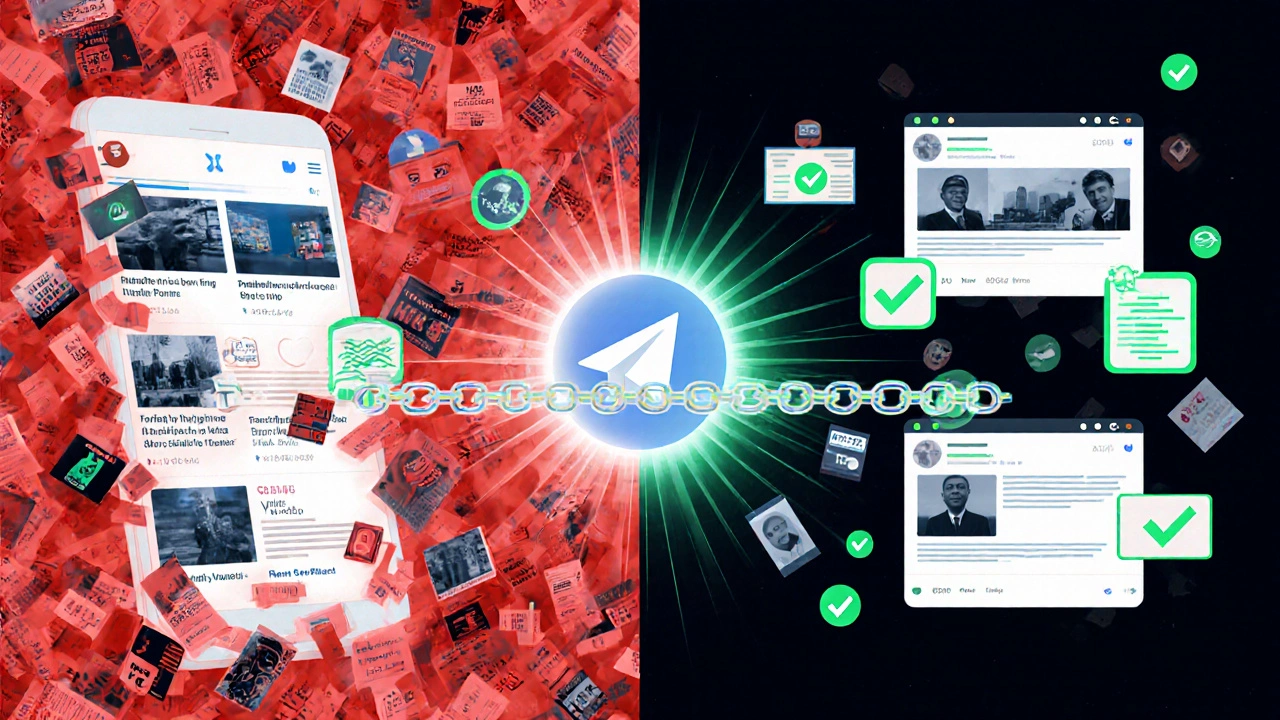 Split-screen contrast: chaotic unverified memes on left, clean verified news with green badges on right, connected by blockchain light chain.