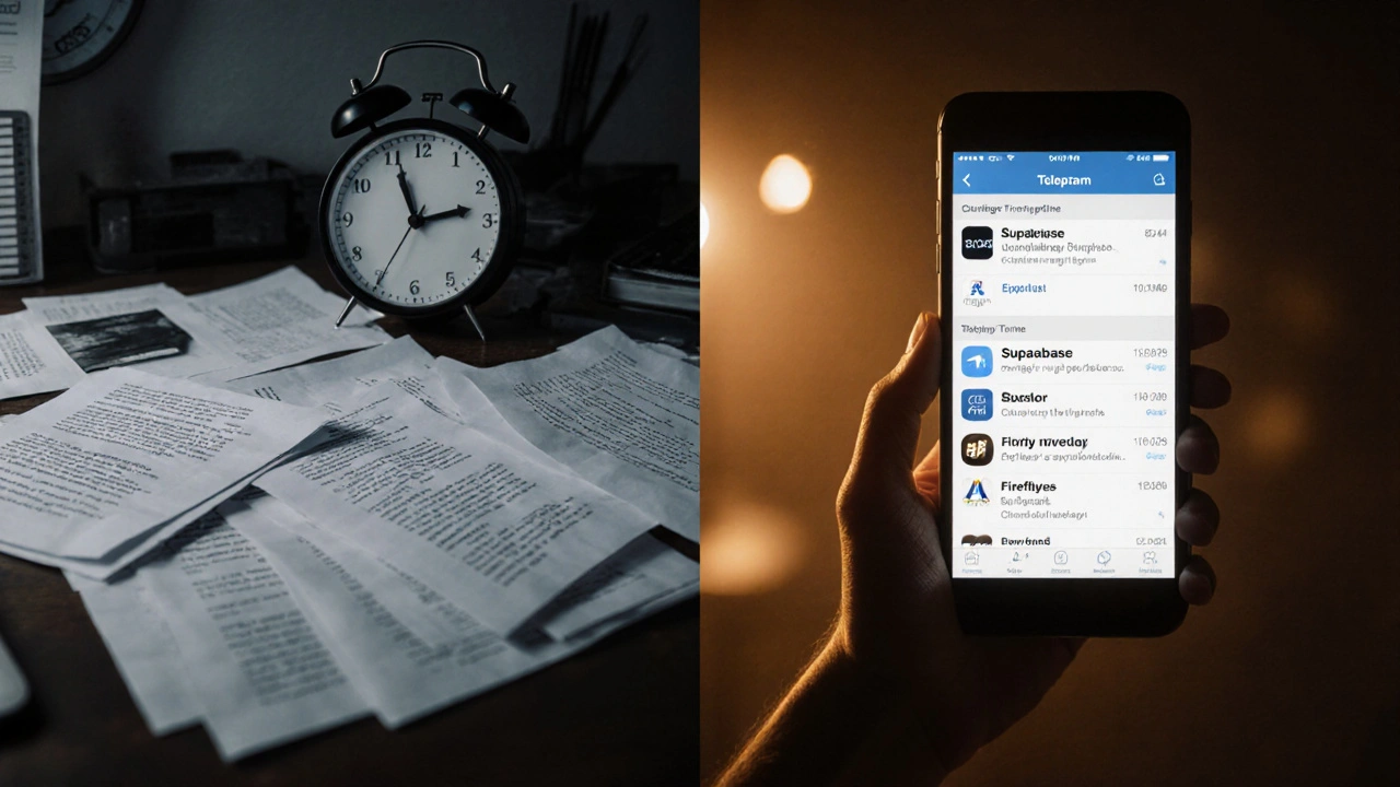 Split-screen contrast: cluttered traditional PR vs. clean real-time Telegram updates.