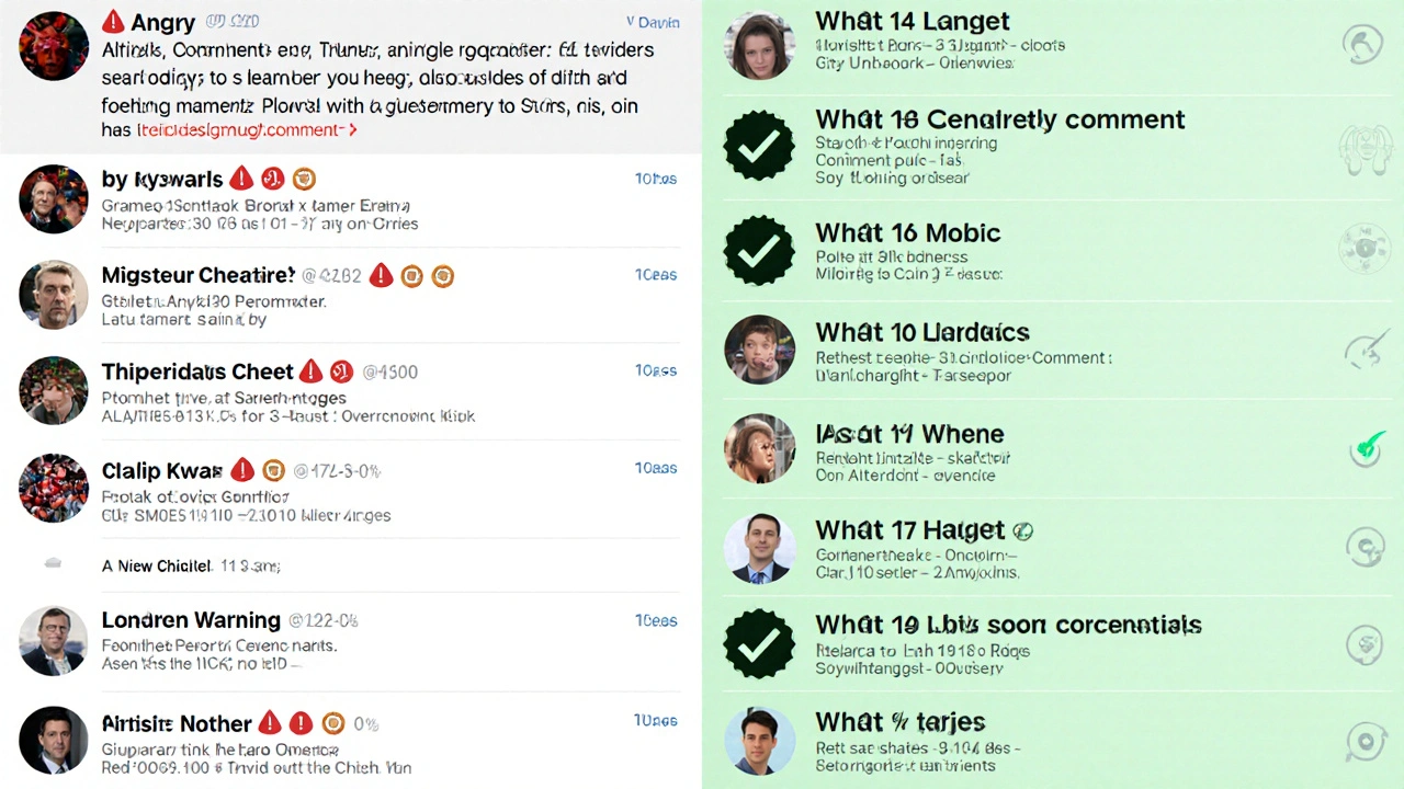 Split view: messy comment section vs. calm, verified discussion after enforcing community guidelines.