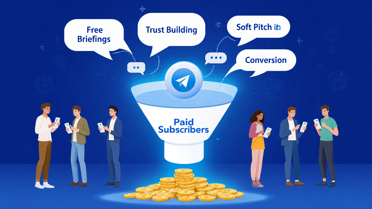 Telegram conversion funnel with message bubbles leading to paid subscribers.