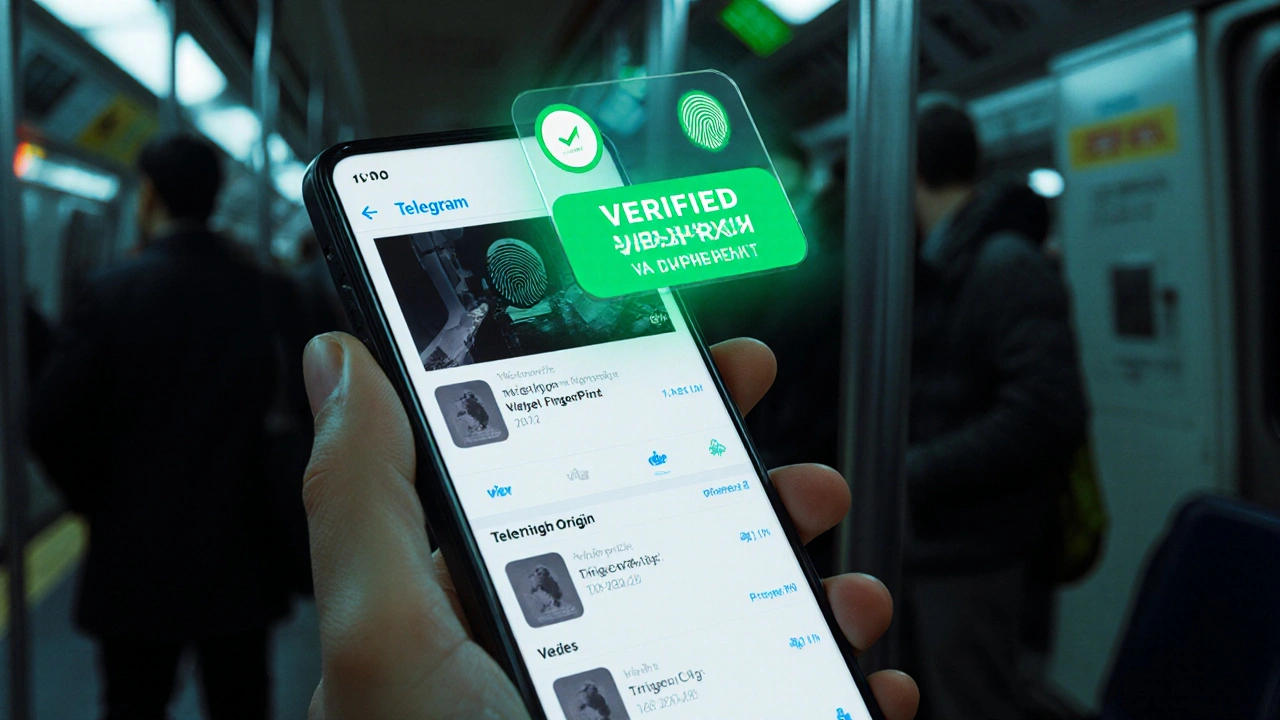 Telegram user viewing verified media with green badge among unverified content on phone screen in subway setting.
