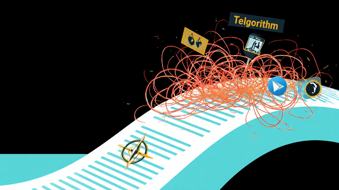 A clean chronological feed ribbon flowing beside a chaotic algorithmic web, symbolizing truth vs. manipulation.