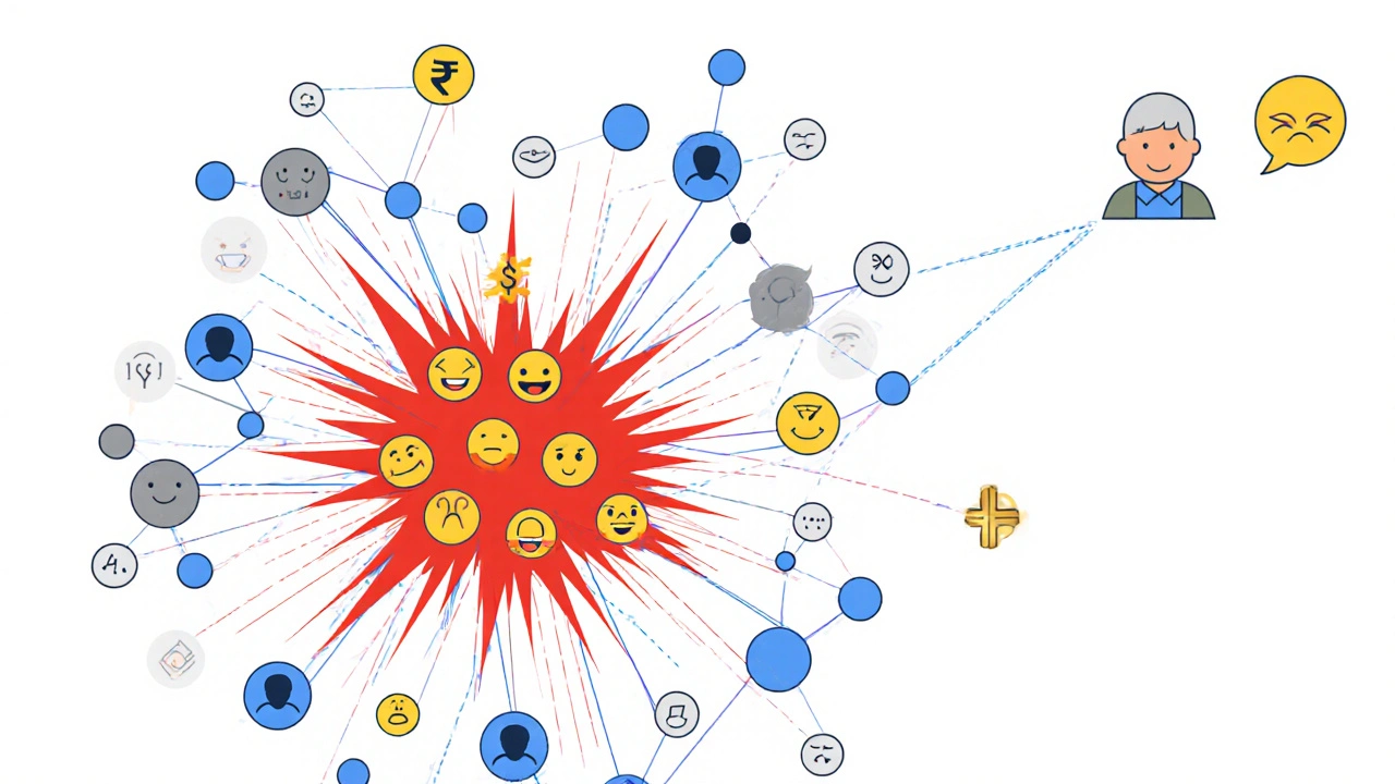 A color-coded network diagram showing generational and regional differences in Telegram reaction patterns.