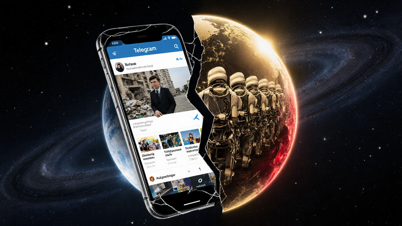 A cracked Telegram icon revealing two opposing worlds inside: one of authentic journalism, the other of robotic propaganda.