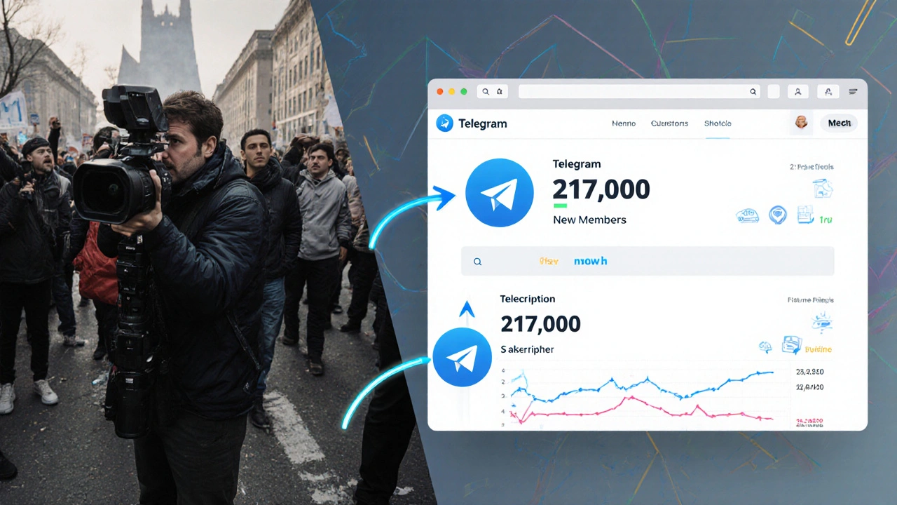 A digital dashboard showing Telegram channel growth from a news website, with stats and arrows indicating subscriber influx.