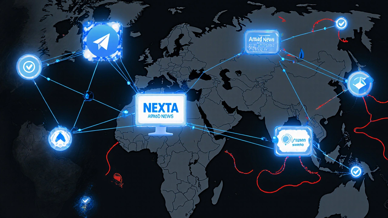 A digital network of trusted and fake Telegram news channels across multiple regions, with trust lines and disinformation threats.