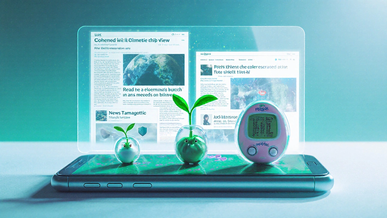 A digital Tamagotchi-style pet growing as a user completes news education tasks.