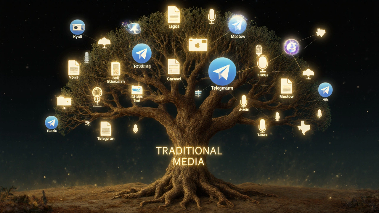 A digital tree with branches representing global Telegram news channels spreading information.