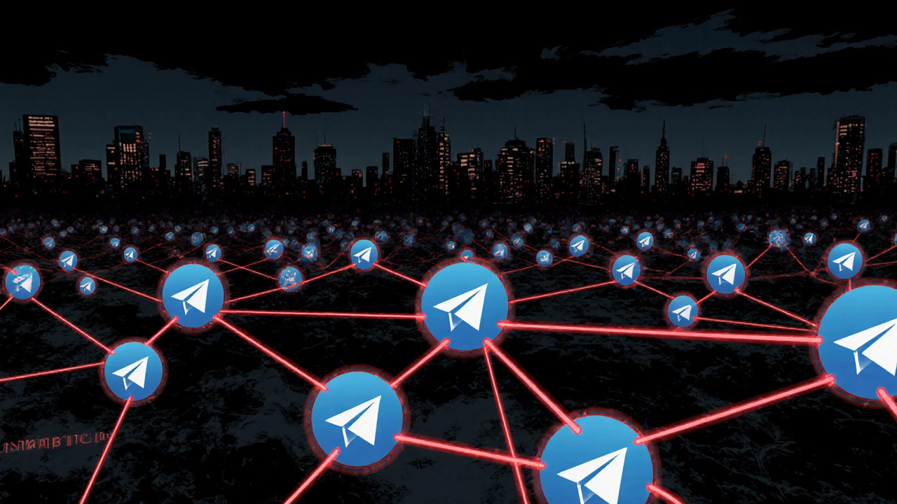 A digital web of red threads connecting replicated Telegram channels, symbolizing automated bot networks spreading content.