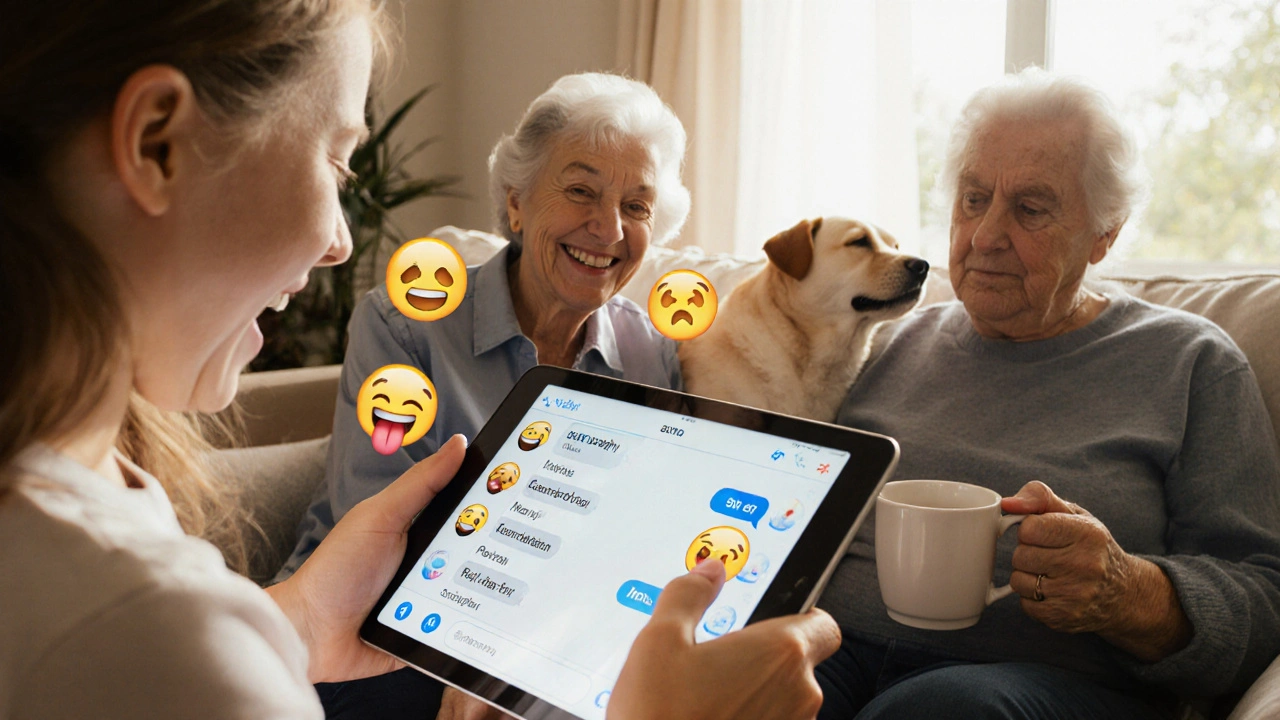 A family gathered around a tablet, each generation reacting differently to a shared message in a cozy home setting.