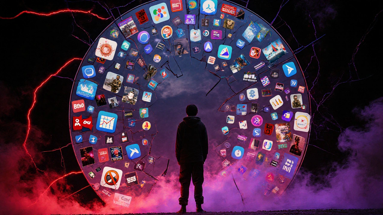 A fractured mirror reflecting countless Telegram channels with conflicting conspiracy imagery.