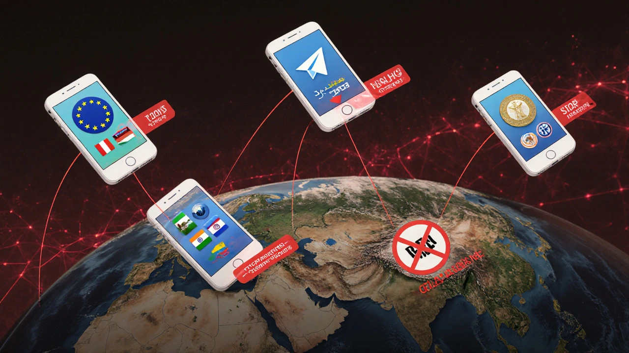 A fragmented globe with Telegram icons showing different legal symbols, connected by compliance lines, symbolizing global regulatory complexity.