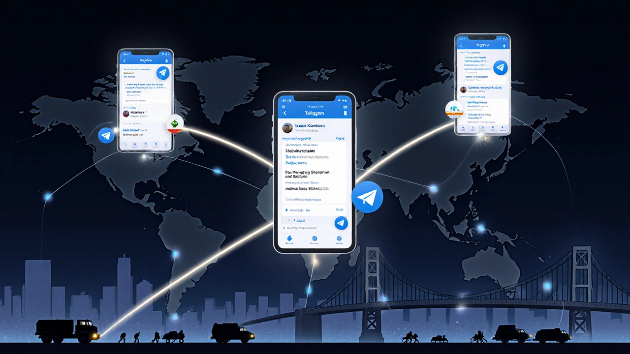 A global network of light connects smartphones displaying Telegram emergency alerts with icons for danger, medical help, and location.