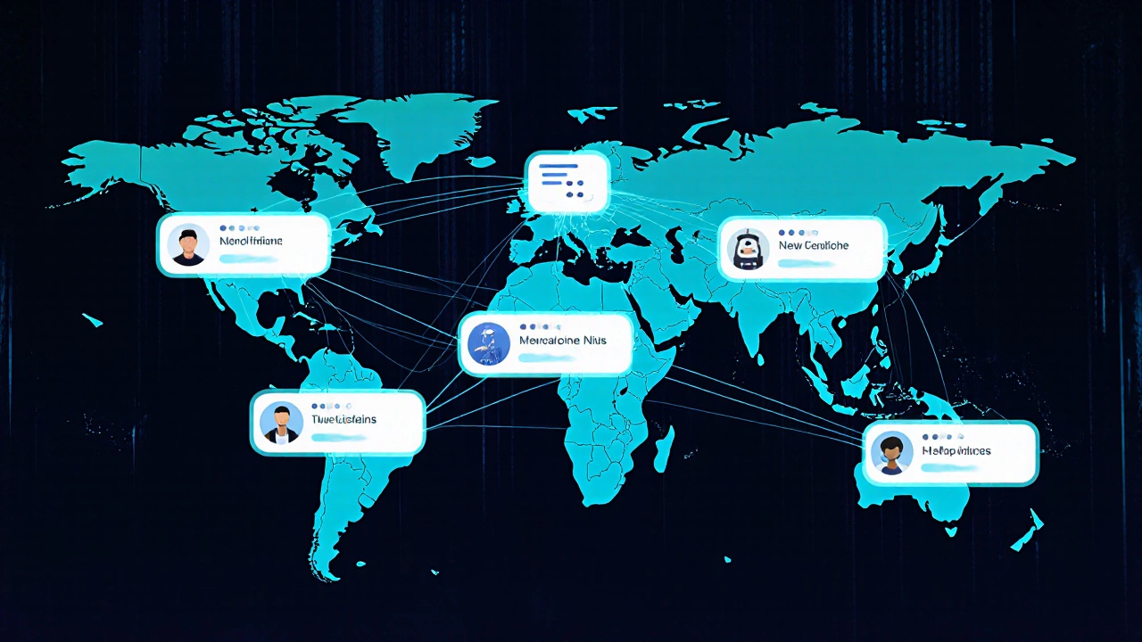 A global network of Telegram channels pulses with light, connecting communities from Alaska to Ukraine.