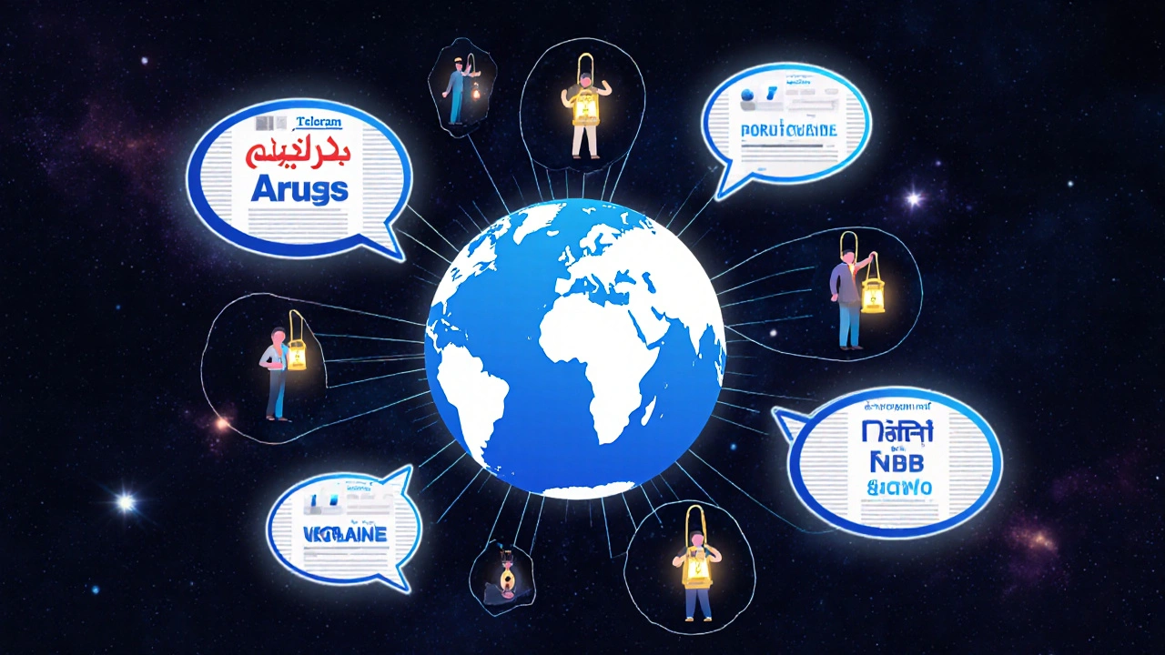 A globe made of Telegram message bubbles in multiple languages, each lit by a local editor&#039;s lantern, symbolizing global community.