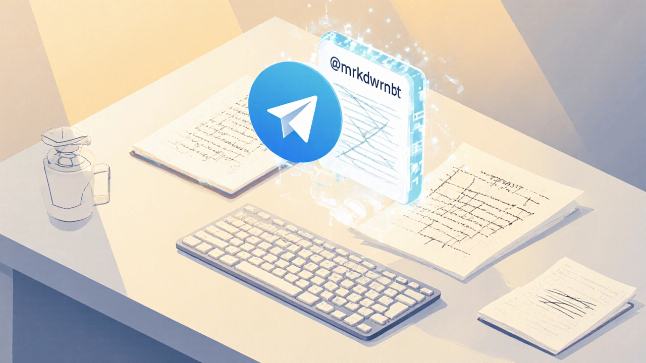 A glowing Telegram bot icon hovering over a desk with notes of failed formatting attempts.