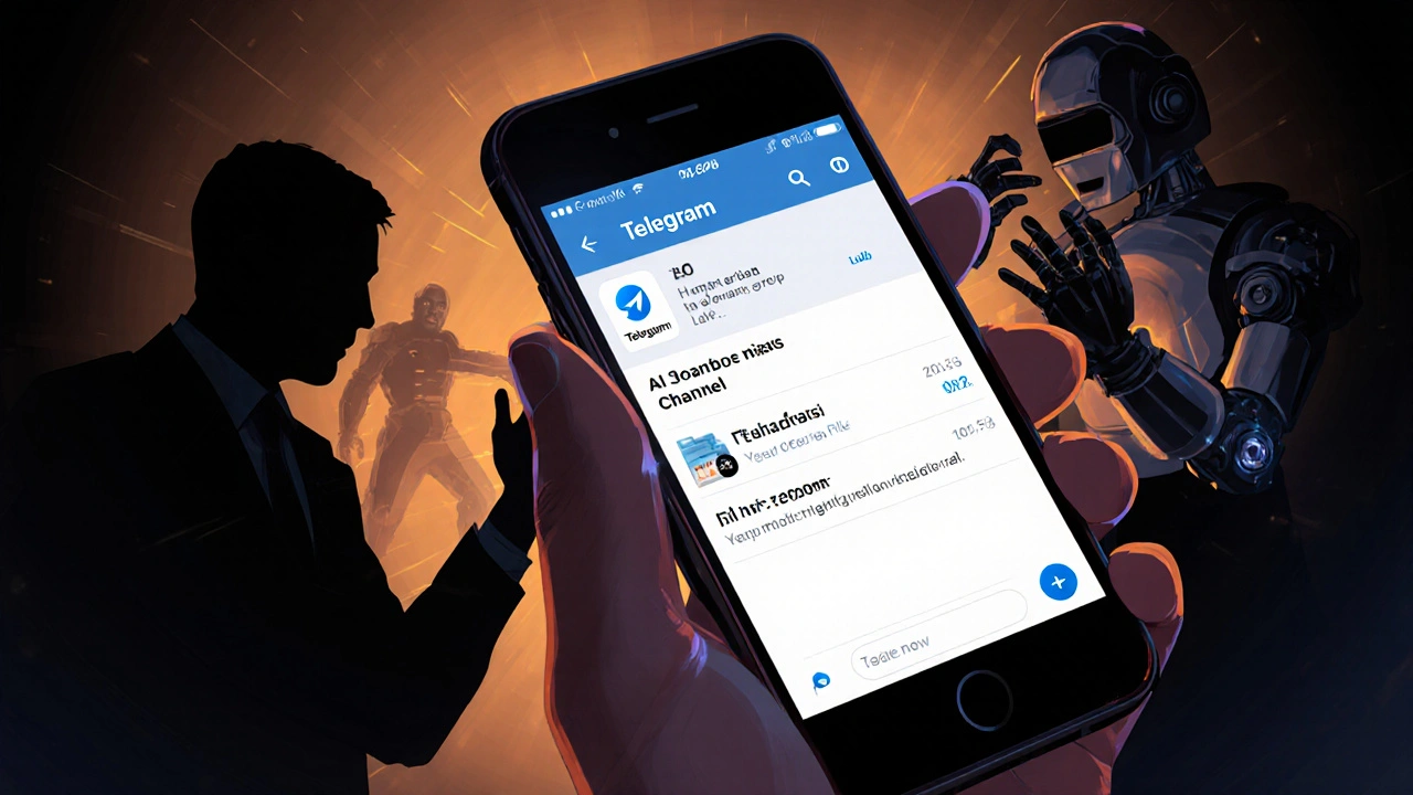 A journalist&#039;s hand holding a phone with a verified Telegram badge, while shadowy AI and law enforcement figures reach through the screen.