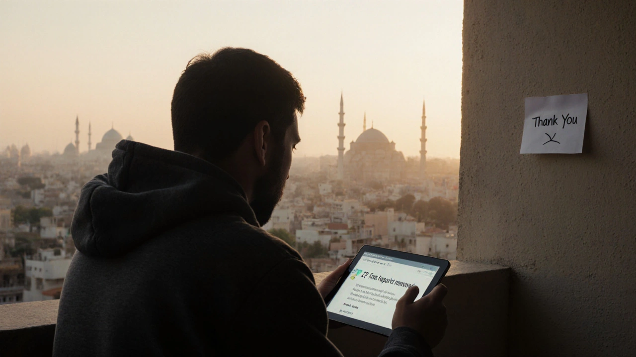 A lone volunteer watches a notification of removed fake reports at dawn, quiet city in background, emotional stillness.