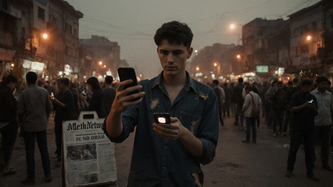 A man uploading a video to Telegram at a dusty marketplace, others watching their phones nearby.