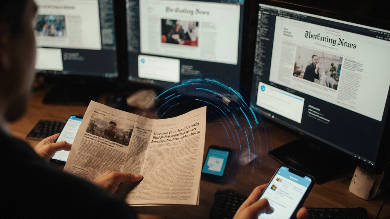 A newsroom scene where a reader clicks a Telegram widget on their phone, triggering a chain of new subscriptions.
