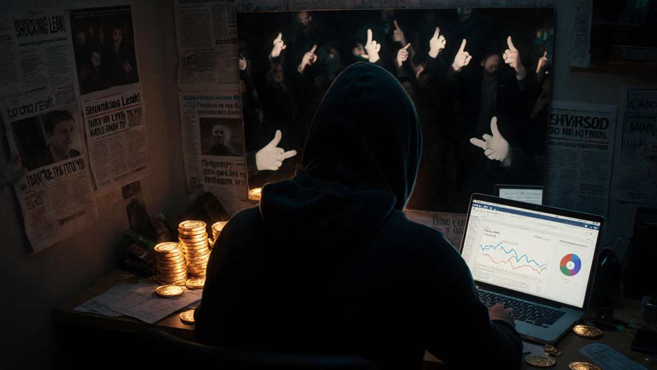 A person at a desk surrounded by Toncoins and sensational headlines, lit only by laptop glow in a dark room.