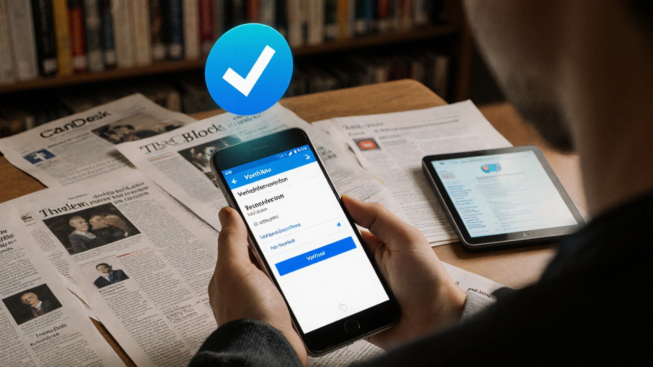 A person submitting Telegram verification documents including press articles and verified social media links, with a glowing blue checkmark above.