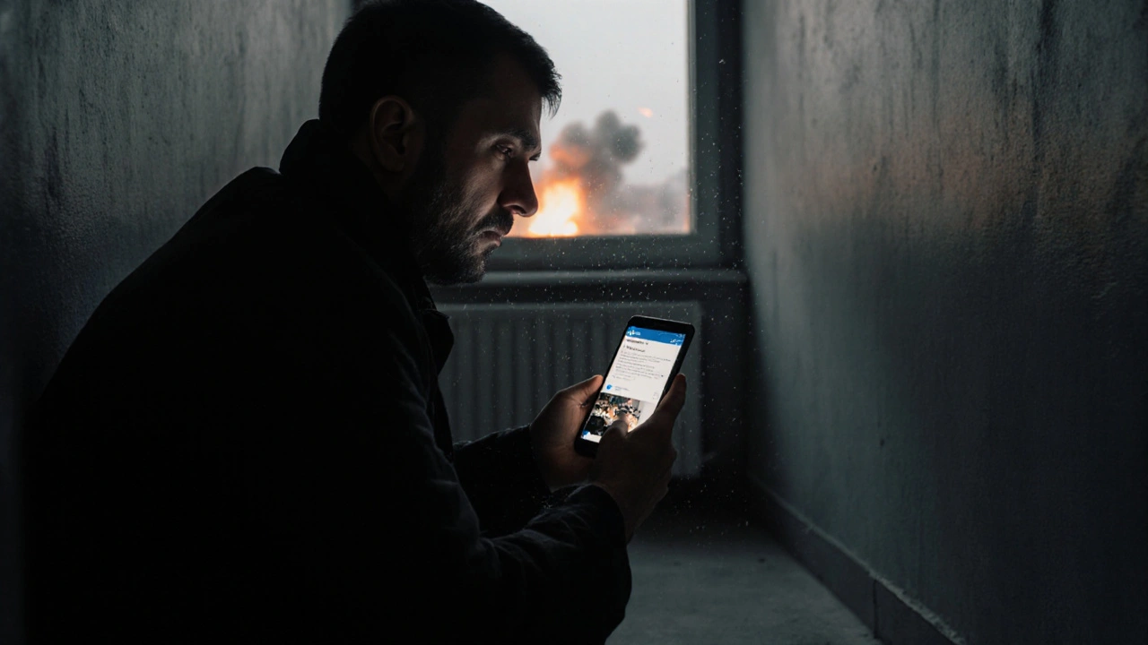 A reporter in Kyiv reviewing a verified video clip on their phone amid distant explosions.