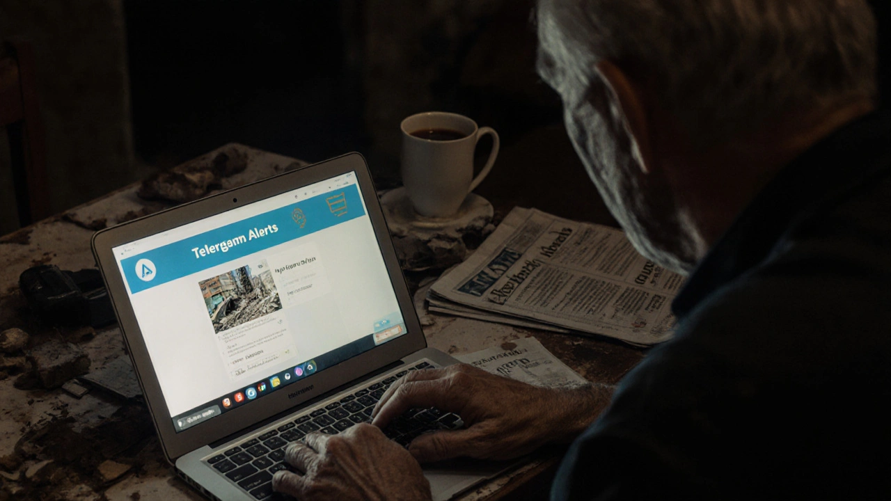 A retired engineer verifying earthquake damage on his Telegram channel from a kitchen table.